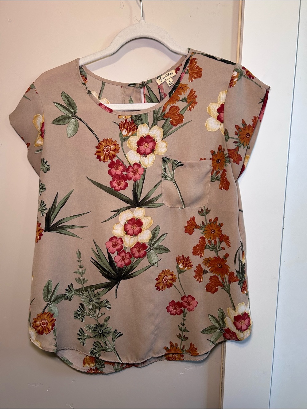 Lily White Taupe Floral Cap-Sleeve Blouse with Pink and Orange Flowers